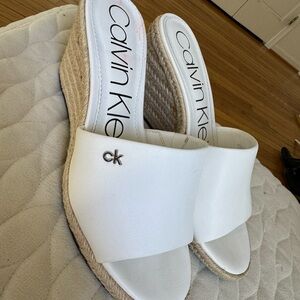 Calvin Klein White Wedge Sandals With Silver Logo